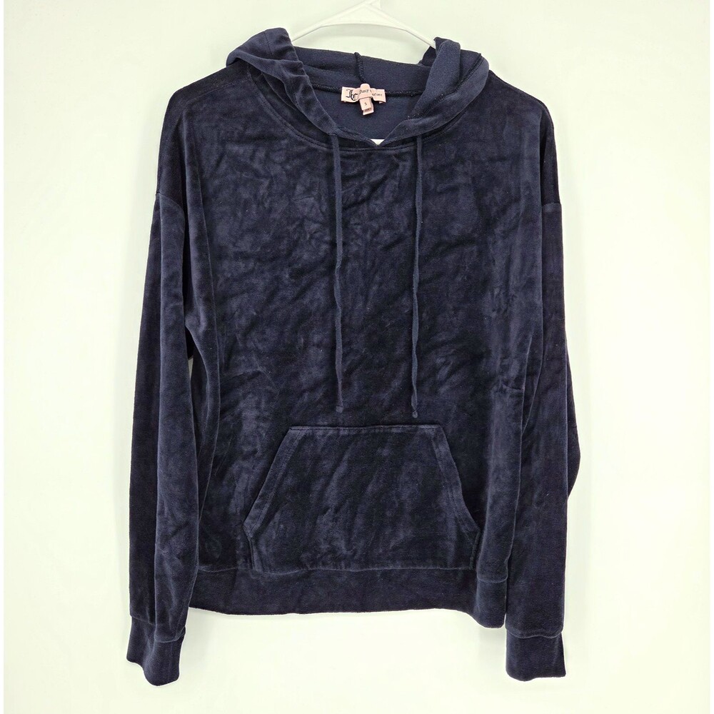 Juicy Couture Womens Velour Pullover Hoodie Navy Logo Hooded Pockets Small y2k